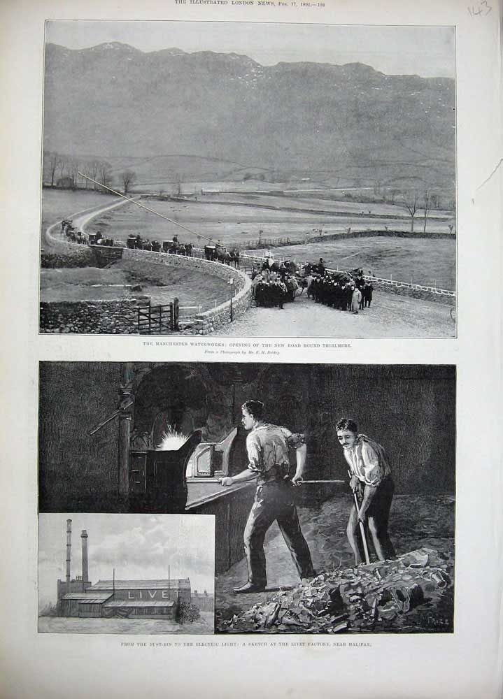 Original Old Antique Print 1894 Manchester Waterworks Thirlmere Livet Factory