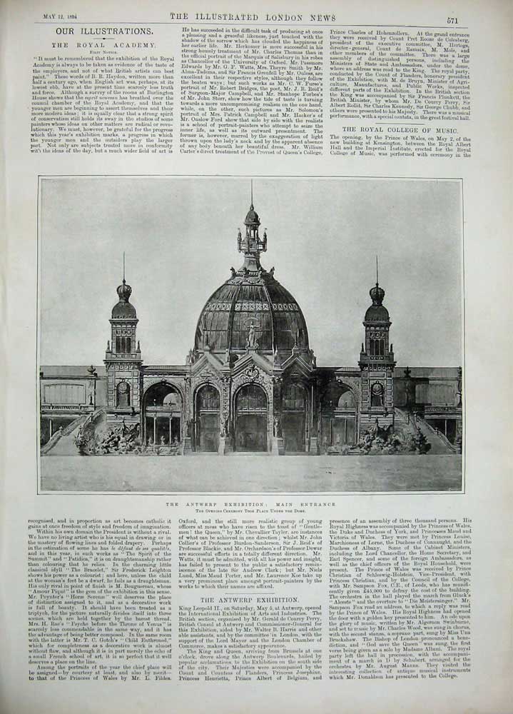 Old Antique Print 1894 Prince Wales Royal College Music Antwerp Building 19th