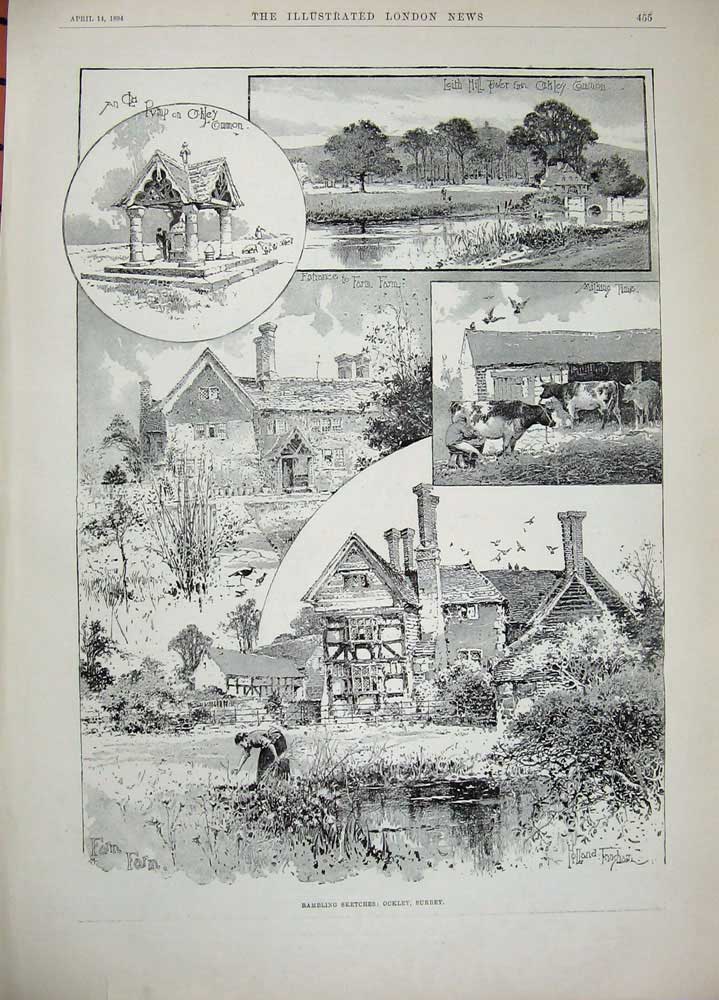 Antique Old Print 1894 Women Little Girl Sports Ockley Surrey Farm Common 19th