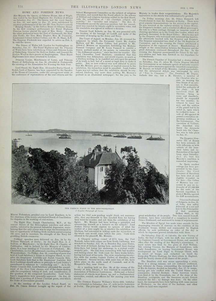 Original Old Antique Print 1894 Lord Salisbury House Lords French Ships Cannes