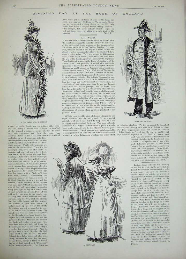 Original Old Antique Print 1894 Bank England Stock-Her Men Dignity Porter Lady