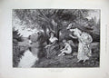 Old Antique Print Cupid Fishing 1894 River Ladies Woman Country Trees Art 19th