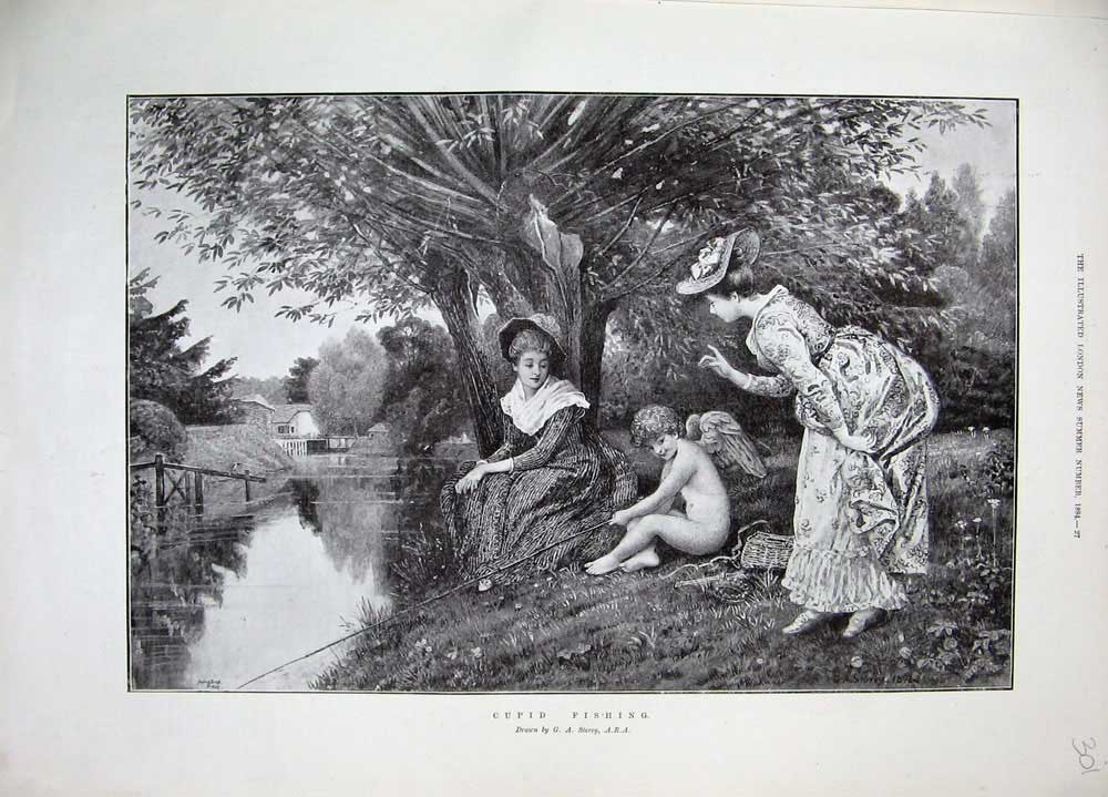Old Antique Print Cupid Fishing 1894 River Ladies Woman Country Trees Art 19th