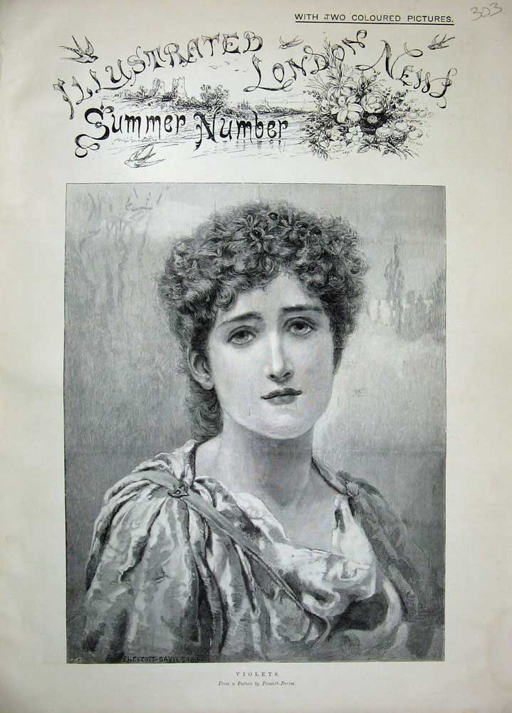Original Old Antique Print 1894 Portrait Beautiful Woman Violets Lady Art 19th