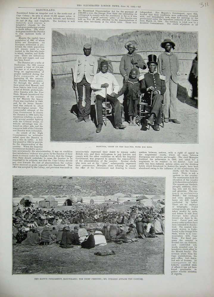 Old Antique Print 1894 Masupha Chief Basutos Kaffir Parliament Basutoland 19th