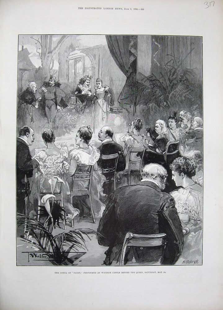 Original Old Antique Print 1894 Opera Faust Windsor Castle London Queen Waller