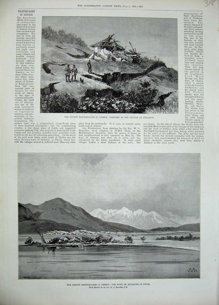 Original Old Antique Print 1894 Earthquake Greece Atalante Ruins Fissures Hills