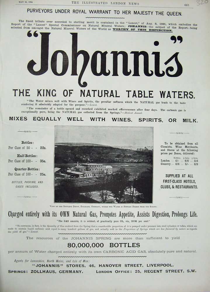 Old Antique Print Advertisement Johannis Natural Table Water Drink 1894 19th