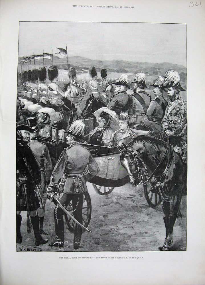 Original Old Antique Print 1894 Queen Visit Aldershot Scots Greys Siers Horses