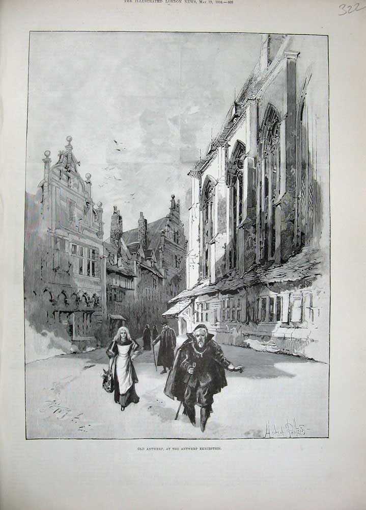 Original Old Antique Print 1894 Antwerp Exhibition Street Architecture 19th