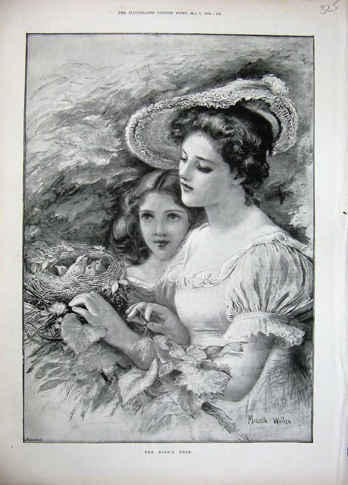Old Antique Print Marcella Walker 1894 Lady Woman Little Girl Birds Nest 19th