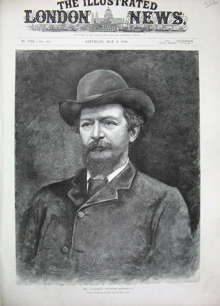 Original Old Antique Print Portrait Mr Algernon Charles Swinburne Man 1894 19th