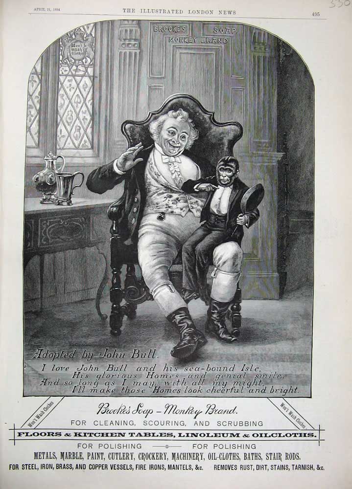 Old Antique Print Advertisement 1894 Brooke'S Monkey Brand Cleaning Soap 19th
