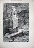 Original Old Antique Print 1894 Johnson Fine Art Lady Water Jug Bridge Country