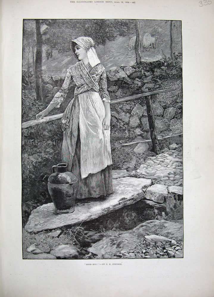 Original Old Antique Print 1894 Johnson Fine Art Lady Water Jug Bridge Country