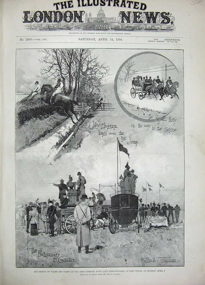 Old Antique Print 1894 Price Wales Norfolk Hunt Steeplechase East Winch 19th