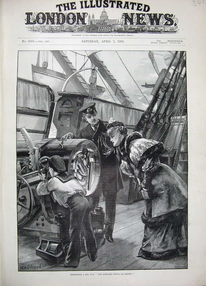 Original Old Antique Print 1894 Overend Fine Art Big Gun War Ship Man Woman Boy