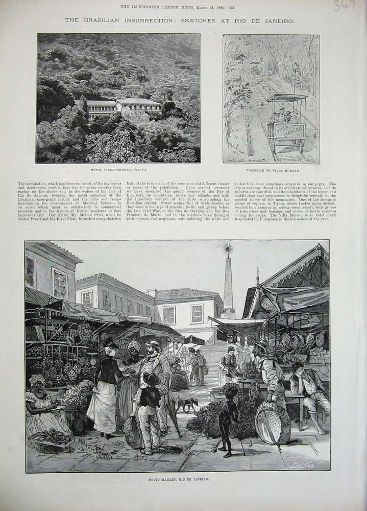 Original Old Antique Print 1894 Fruit Market Rion De Janeiro Hotel Villa Moreau