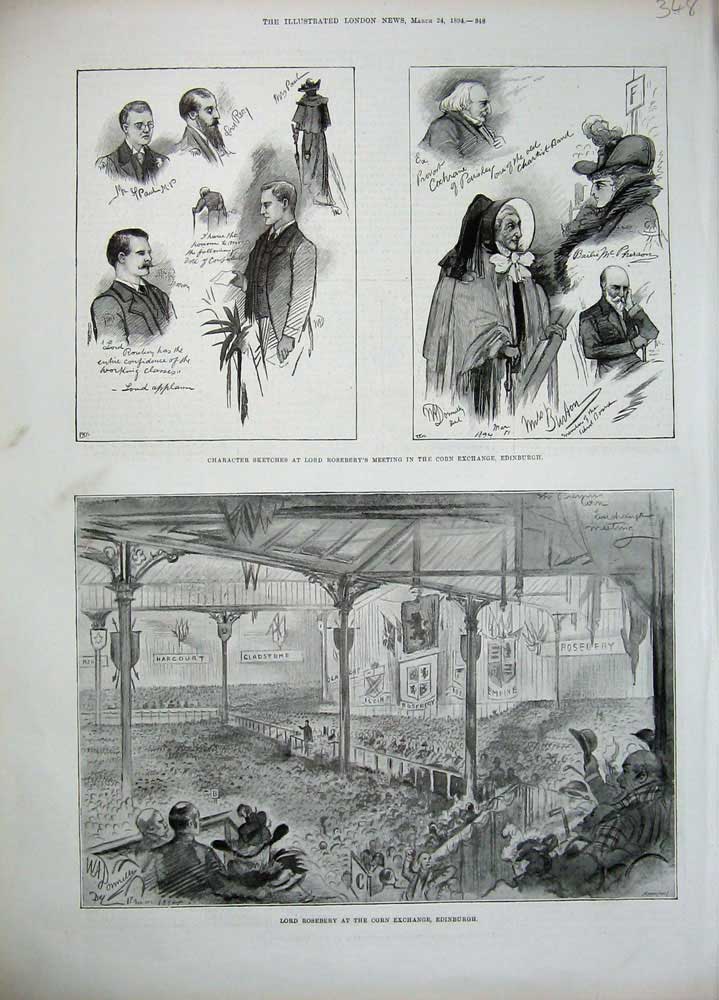 Old Antique Print 1894 Lord Rosebery Corn Exchange Edinburgh Characters 19th