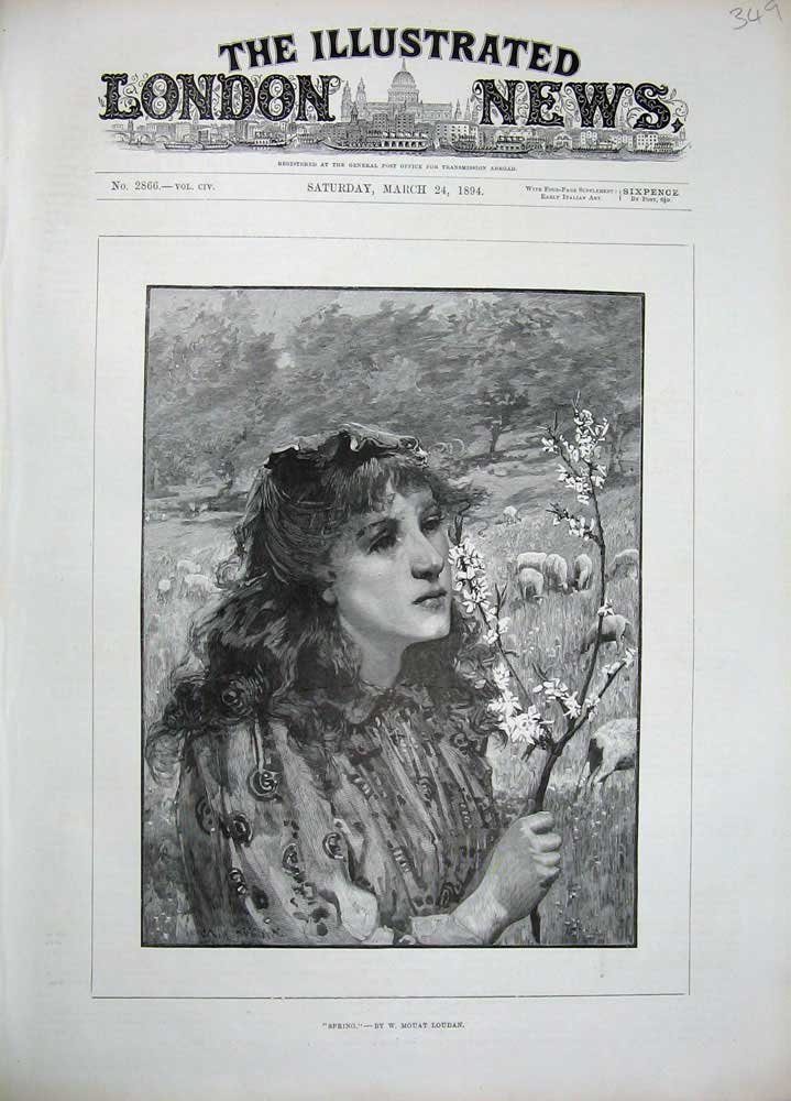 Old Antique Print 1894 Mouat Loudan Spring Beautiful Girl Country Sheep 19th