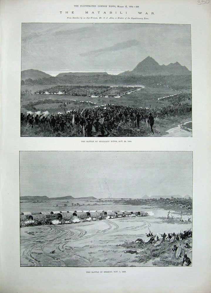 Original Old Antique Print 1894 Matabili War Battle Bembisi Shangani River Sier
