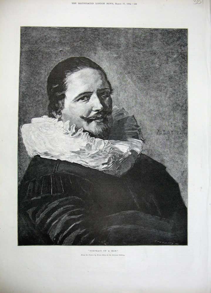 Original Old Antique Print 1894 Portrait Man Franz Hals National Gallery 19th