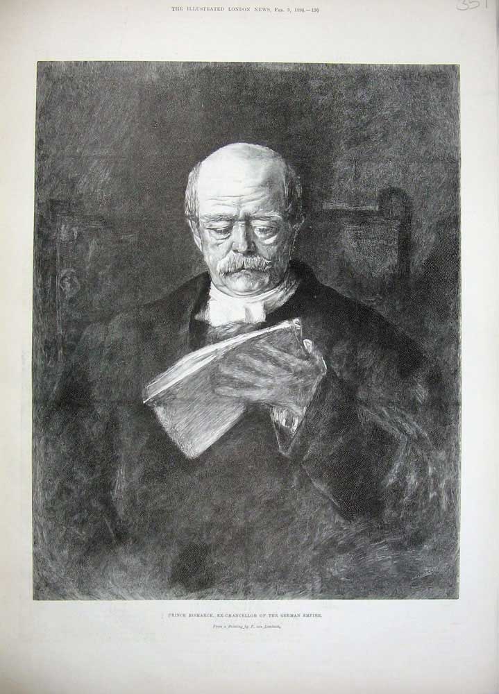 Original Old Antique Print 1894 Portrait Prince Bismarck Ex-Chancellor Germany