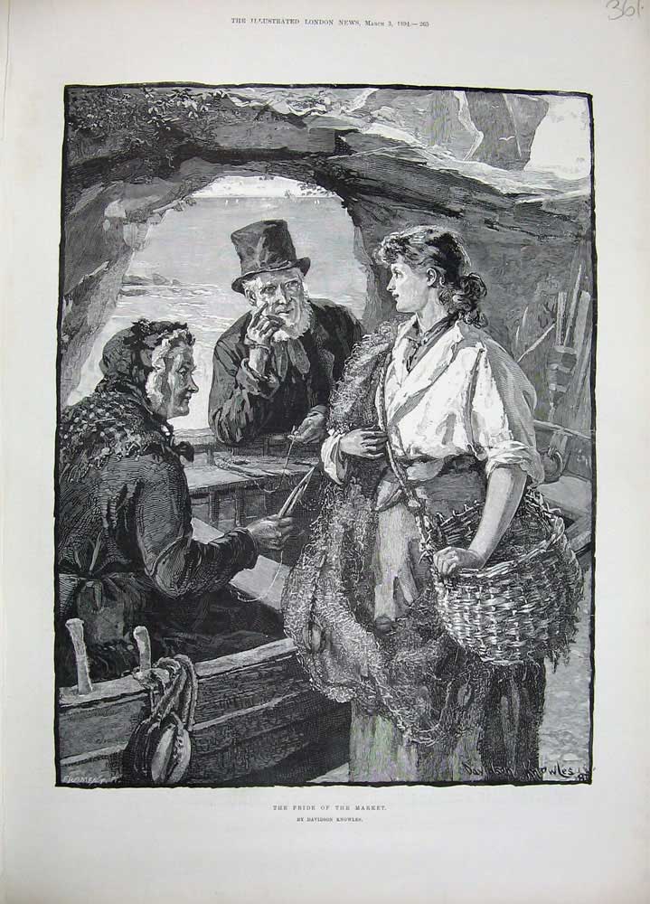 Original Old Antique Print 1894 Knowles Fine Art Market Basket Fisherman Boats