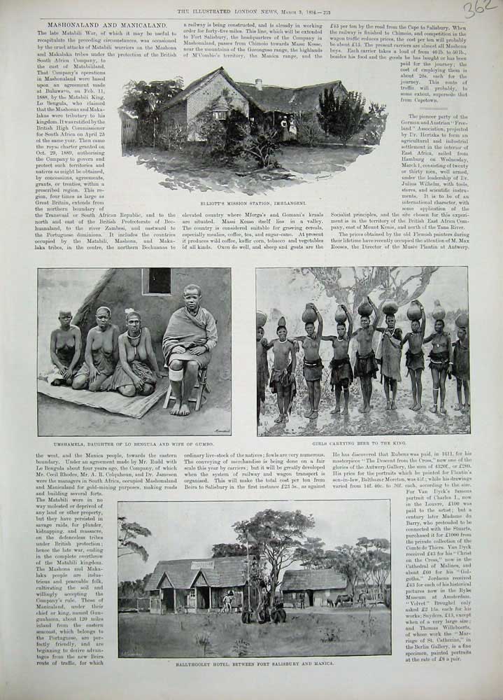 Old Antique Print 1894 Ballyhooley Hotel Fort Salisbury Manica Imhlangeni 19th