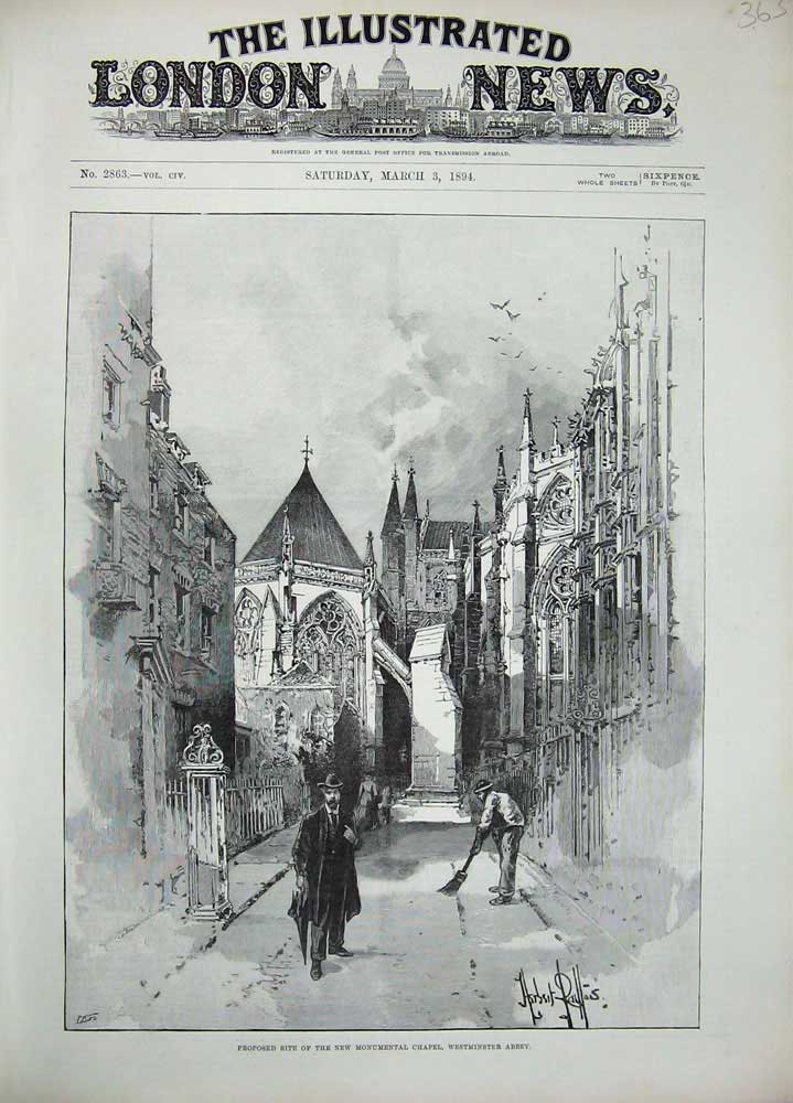 Old Antique Print 1894 Monumental Chapel Westminster Abbey London Street 19th