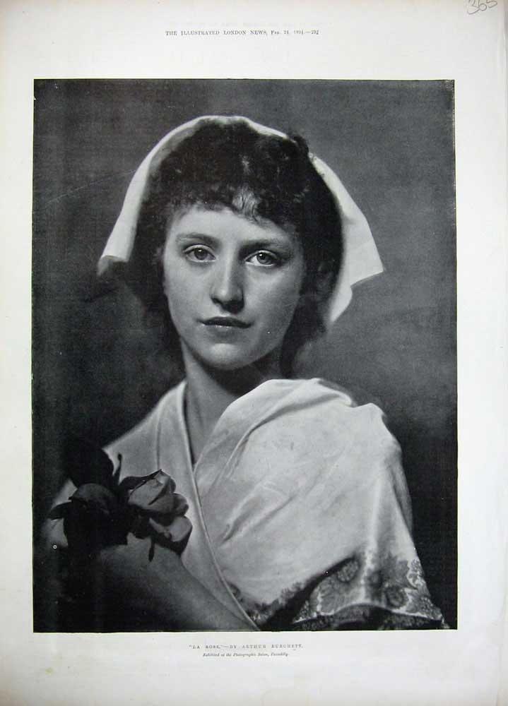 Original Old Antique Print 1894 Photograph Young Woman Rose Flower Victorian