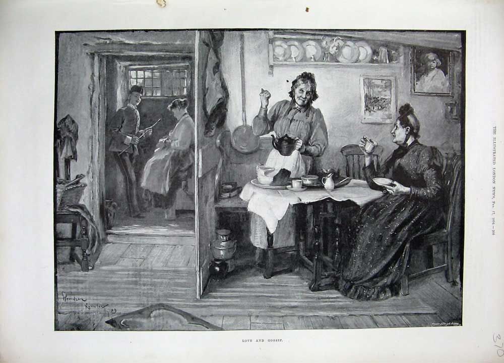Original Old Antique Print 1894 Knowles Fine Art Women Gossip Romance Victorian
