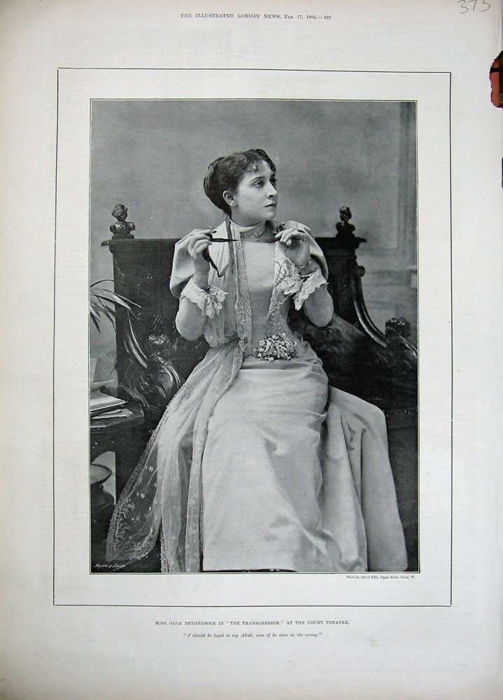 Old Antique Print 1894 Miss Olga Nethersole Transgressor Lyceum Theatre 19th