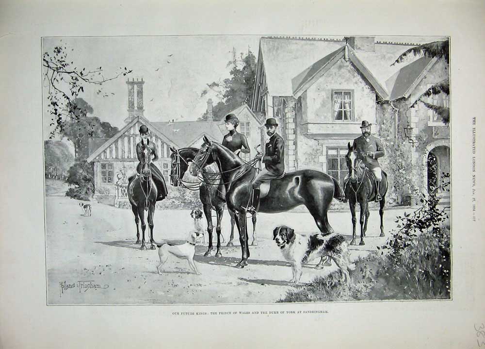 Original Old Antique Print 1894 Prince Wales Duke York Sandringham Horses Dogs
