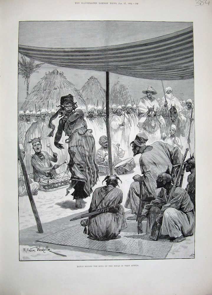 Old Antique Print Woodville Art 1894 Dance King Sofas Africa Music Horses 19th