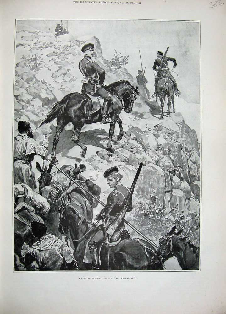 Original Old Antique Print Woodville 1894 Russian Exploration Siers Asia Horses