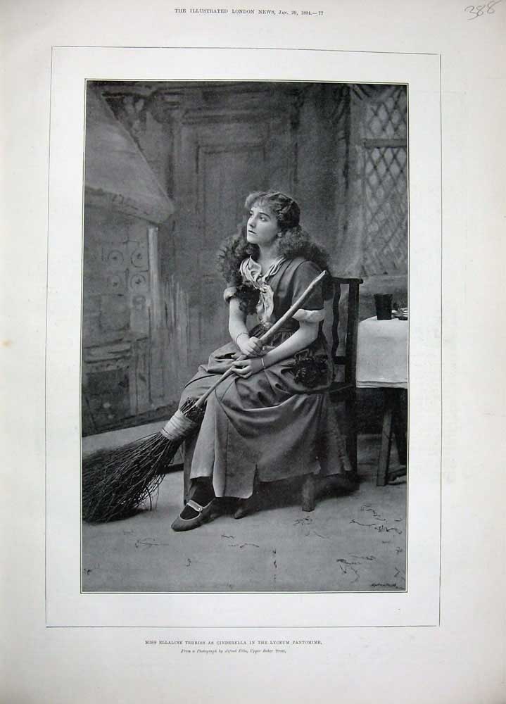 Original Old Antique Print 1894 Miss Ellaline Terriss Cinderella Lyceum Theatre