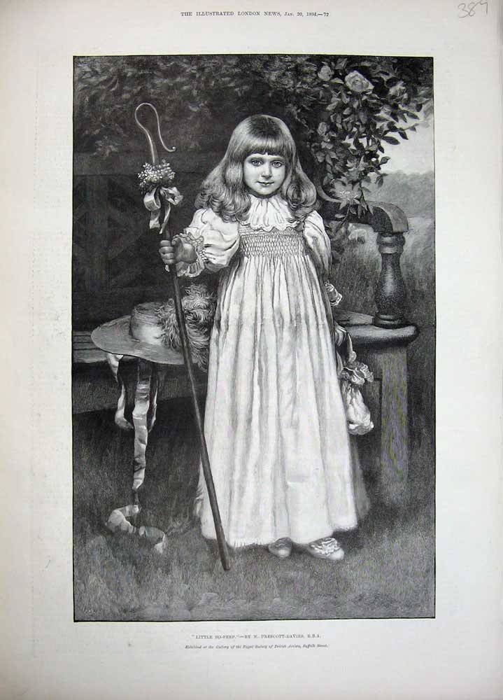 Original Old Antique Print 1894 Little Bo Peep Girl Country Sheep Hook Prescott
