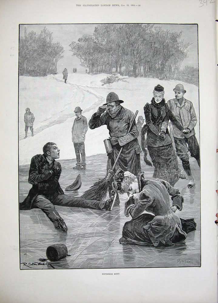 Old Antique Print 1894 Woodville Art Men Woman Ice Skating Winter Scene 19th