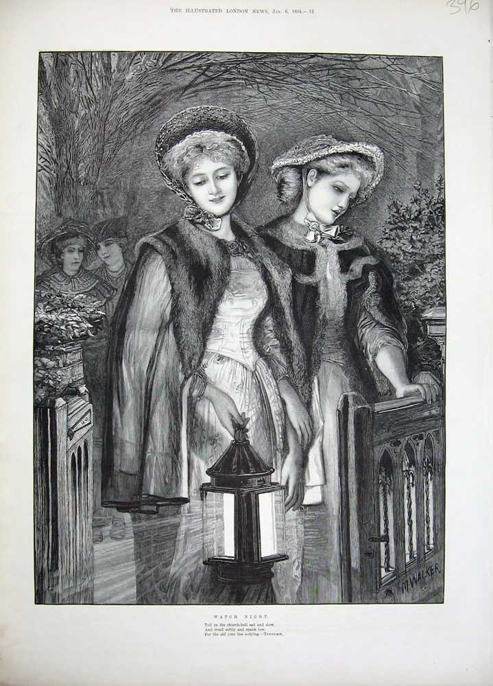 Old Antique Print 1894 Watch Night Ladies Church Lamp-Light Tennyson Art 19th
