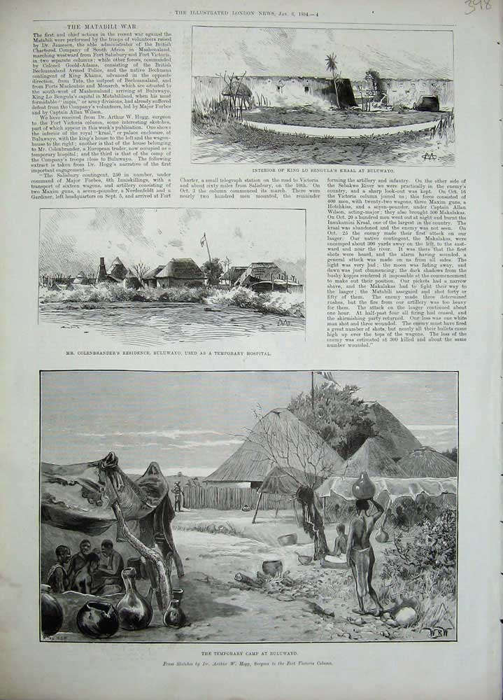 Old Antique Print 1894 King Bengula'S Kraal Buluwayo Colenbrander'S Home 19th
