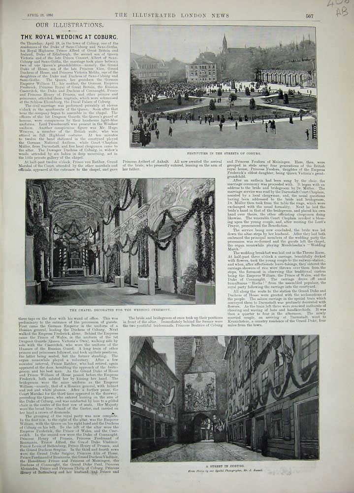 Old Antique Print Royal Wedding Coburg 1894 Chapel Castle Ehrenburg Art 19th