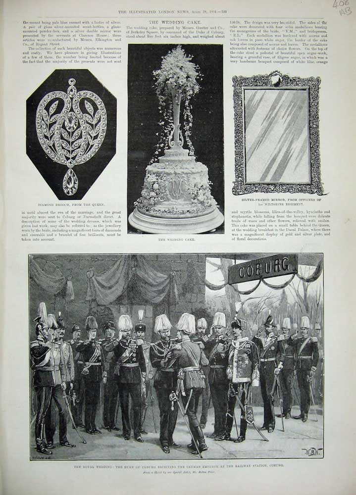 Original Old Antique Print 1894 Royal Wedding Coburg Cake Railway Tiara German