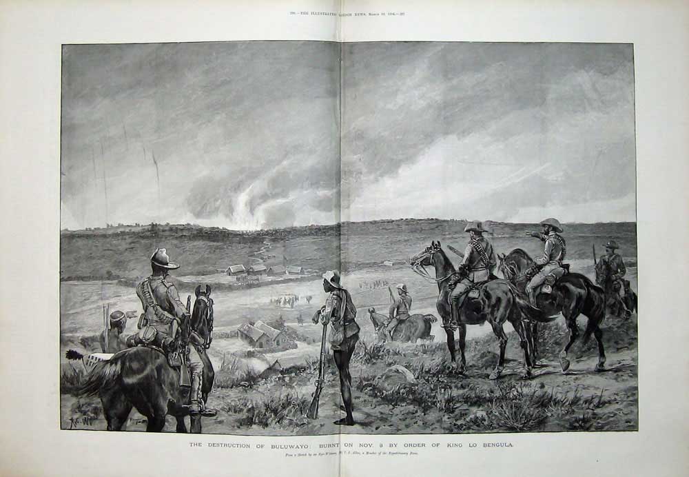 Original Old Antique Print 1894 Buluwayo King Lo Bengula War Siers Horses Art