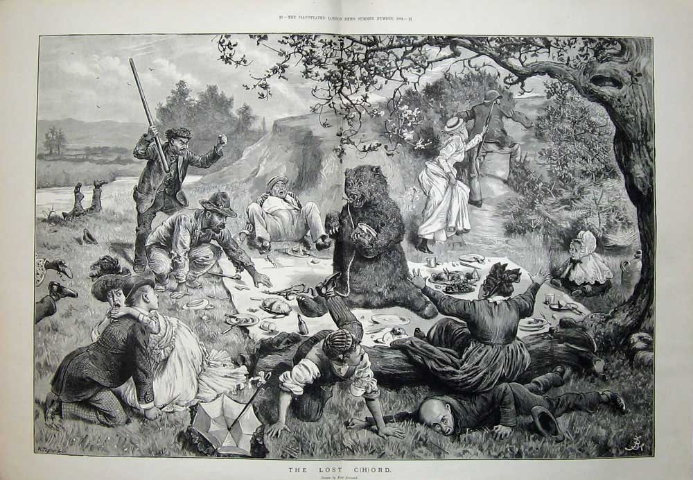 Antique Old Print 1894 Family Picnic Big Bear Animal Terror Country River 19th