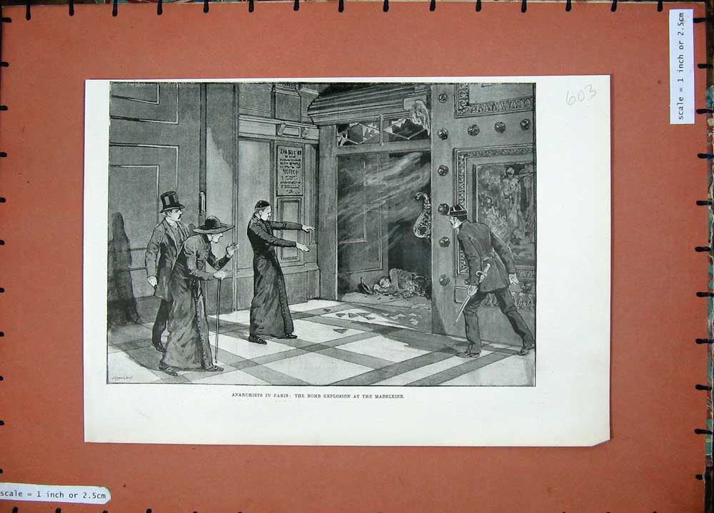 Old Antique Print 1894 Anarchists Paris Bomb Explosion Madeleine France 19th