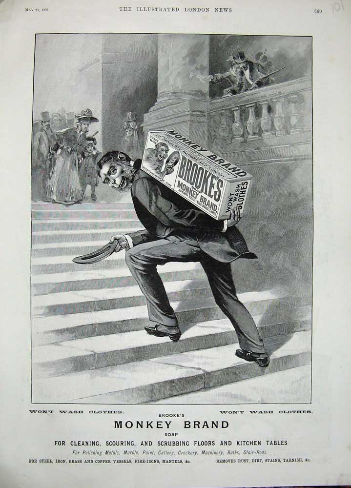 Original Old Antique Print 1896 Advertisement Monkey Brand Brookes Soap Cleaner