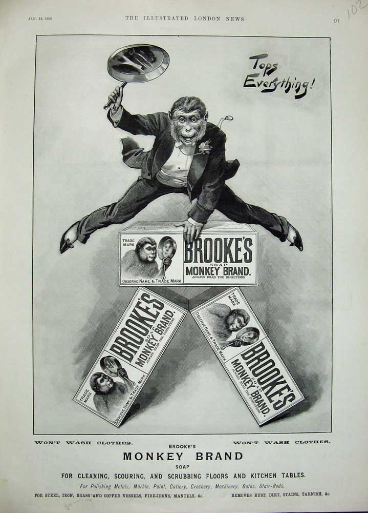 Old Antique Print 1896 Advertisement Brooke'S Monkey Brand Soap Cleaner 19th