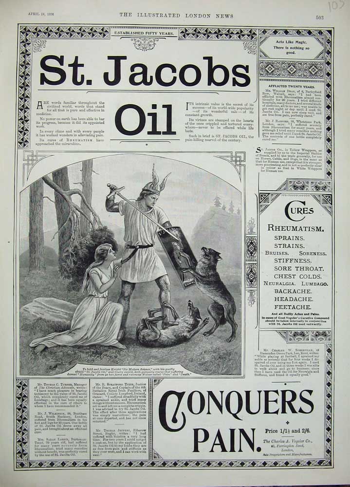 Original Old Antique Print 1896 Advertisement Jacob'S Oil Medicine Pain-Killing
