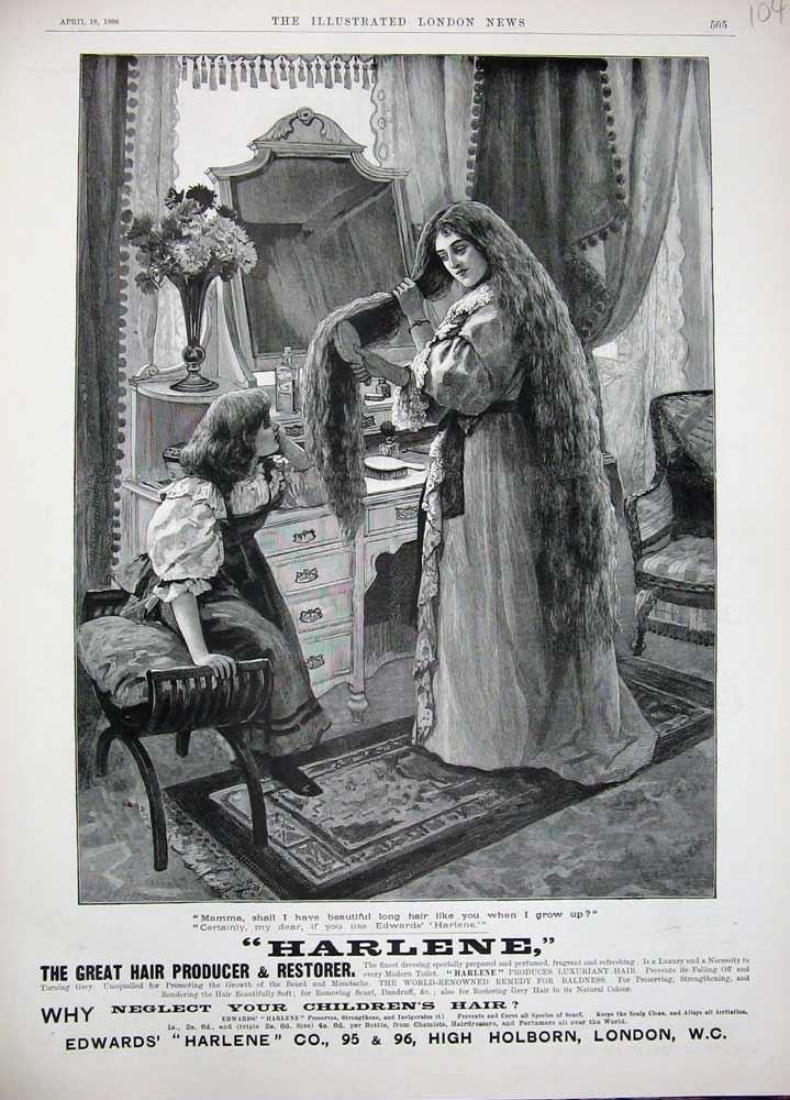 Old Antique Print 1896 Advertisement Edwards Harlene Hair Restorer Lady 19th